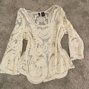 Ultra Flirt- Elegant Cream Sheer Women Blouse in Size M with Crochet design